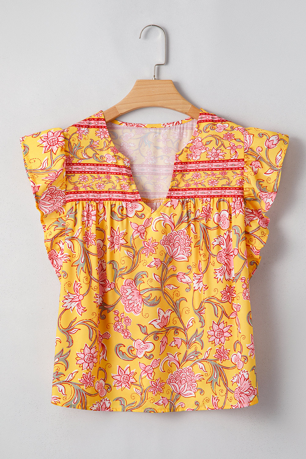 Yellow Floral Notched Neck Ruffled Sleeve Casual Blouse-Tops/Blouses & Shirts-[Adult]-[Female]-2022 Online Blue Zone Planet