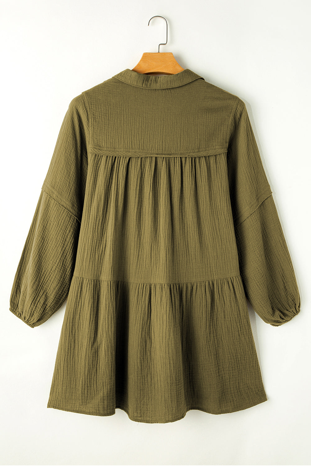 Blue Zone Planet | Green Frayed Trim Split Neck Puff Sleeve Flared Dress-TOPS / DRESSES-[Adult]-[Female]-2022 Online Blue Zone Planet