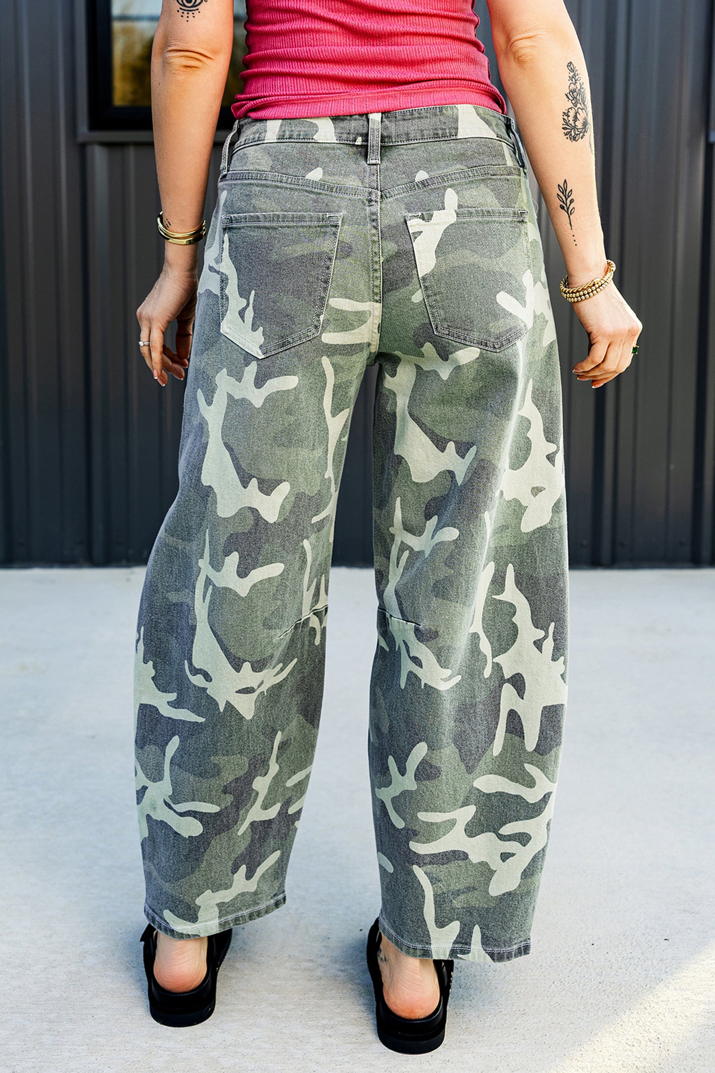 Green Camo Print Button Fly Straight Leg Ankle Length Jeans