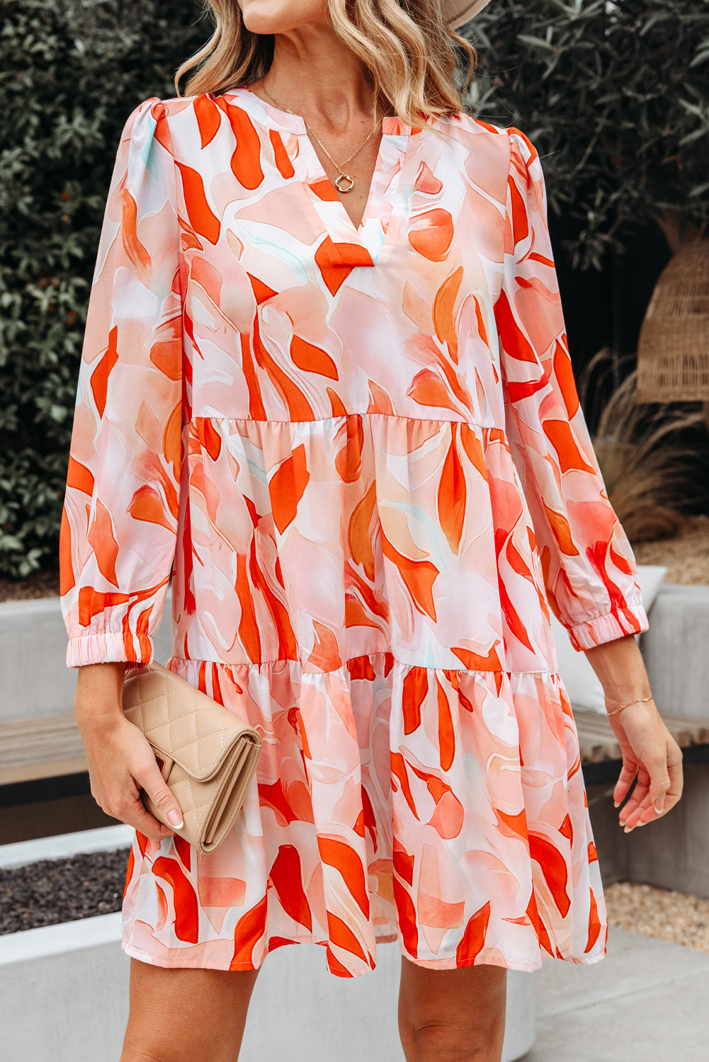 Orange Abstract Print Split Neck Long Sleeve Dress-TOPS / DRESSES-[Adult]-[Female]-2022 Online Blue Zone Planet