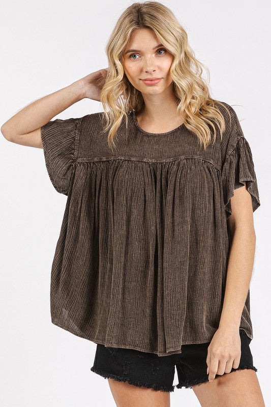 Mittoshop Mineral Washed Round Neck Ruffle Sleeve Blouse-TOPS / DRESSES-[Adult]-[Female]-2022 Online Blue Zone Planet