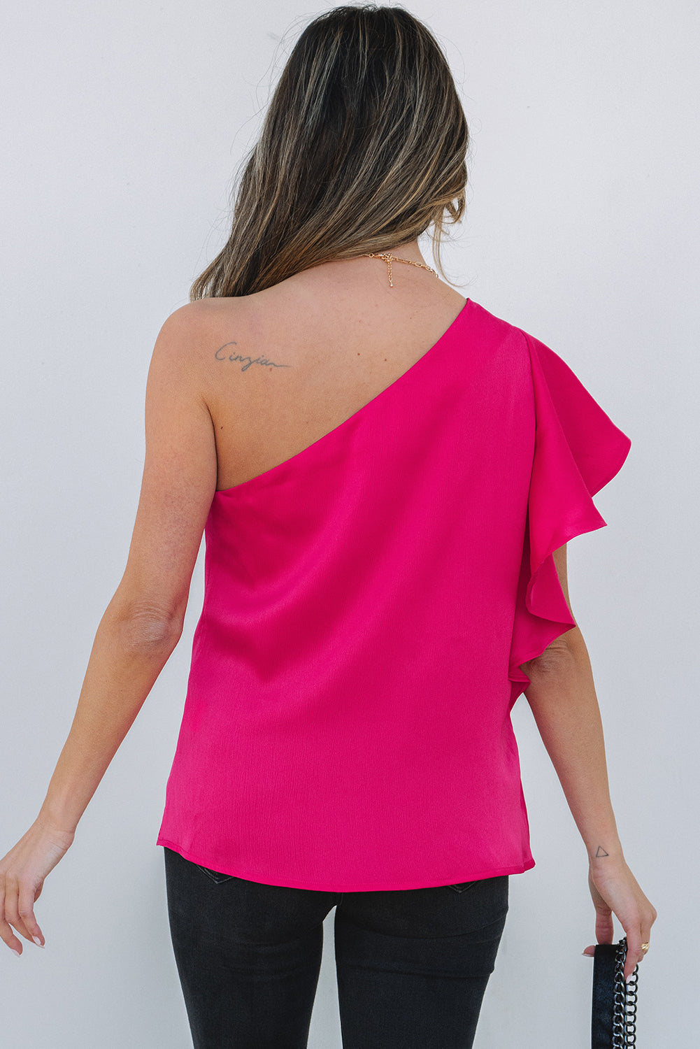 Strawberry Pink Asymmetric Shoulder Ruffle Sleeve Elegant Blouse-Tops/Blouses & Shirts-[Adult]-[Female]-2022 Online Blue Zone Planet