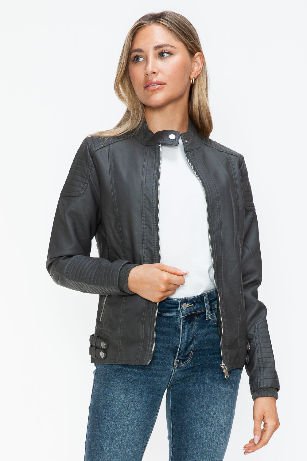 Blue Zone Planet | Snobbish Faux Leather Biker Jacket with Side Zip Pockets-TOPS / DRESSES-[Adult]-[Female]-2022 Online Blue Zone Planet