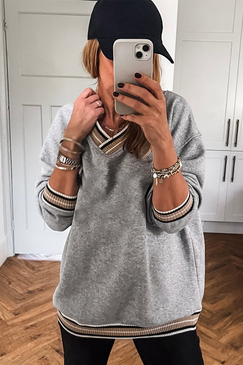 Gray Varsity Contrast Striped Trim V Neck Sweatshirt-Tops/Sweatshirts & Hoodies-[Adult]-[Female]-2022 Online Blue Zone Planet