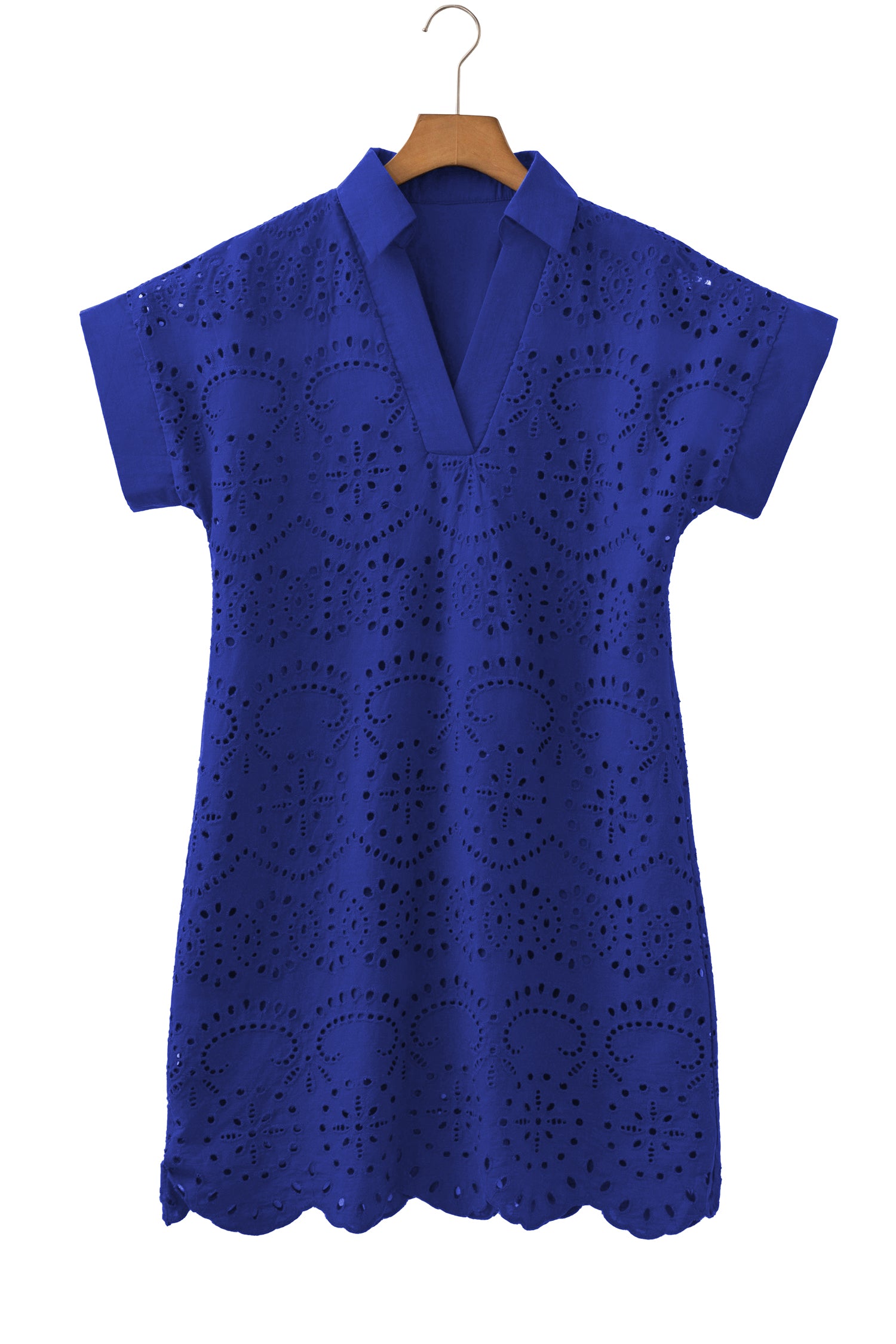 Dark Blue Solid Color Eyelet Embroidered T Shirt Mini Dress-TOPS / DRESSES-[Adult]-[Female]-2022 Online Blue Zone Planet