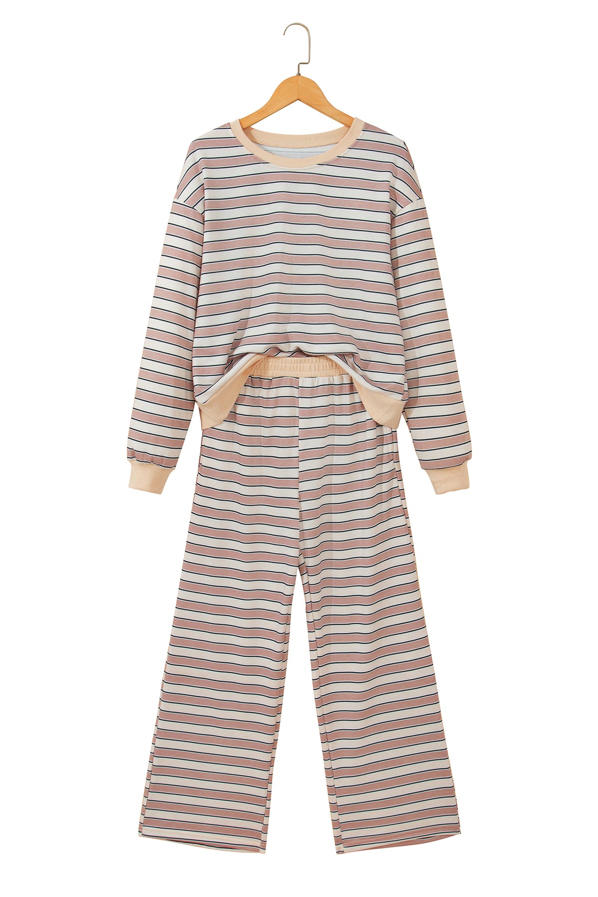 Khaki Stripe Contrast Trim Long Sleeve Top Elastic Waist Pants Set-Two Piece Sets/Pant Sets-[Adult]-[Female]-2022 Online Blue Zone Planet