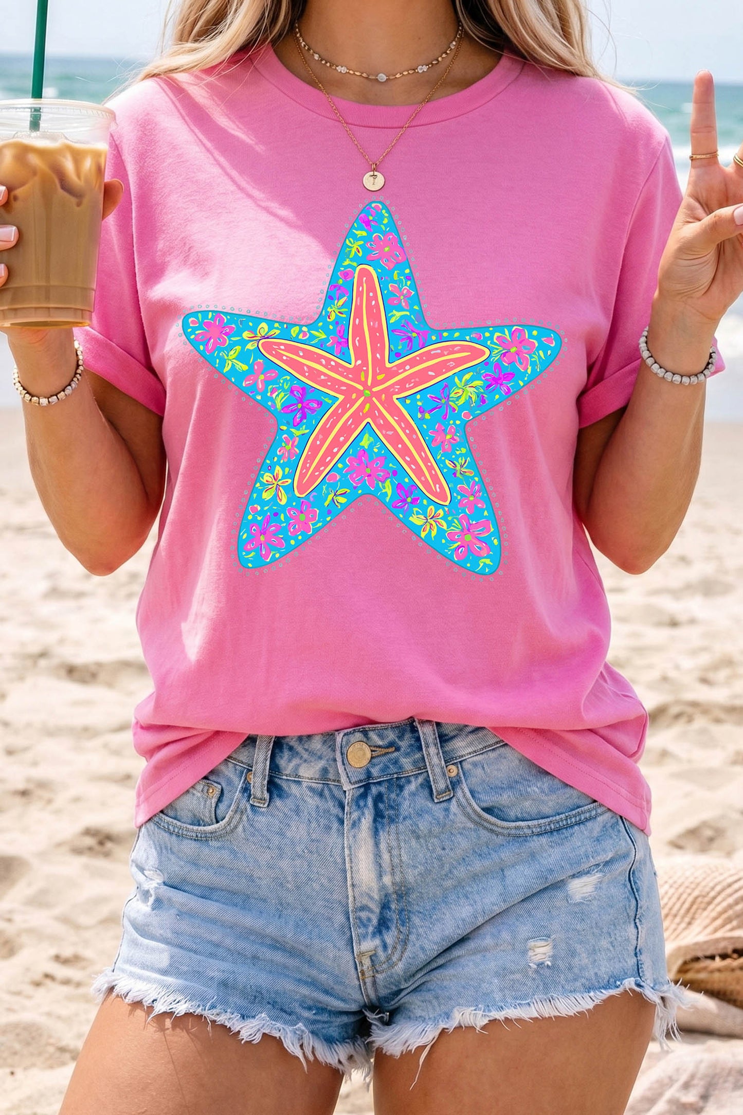 Sachet Pink Floral Starfish Printed Casual Round Neck Tee