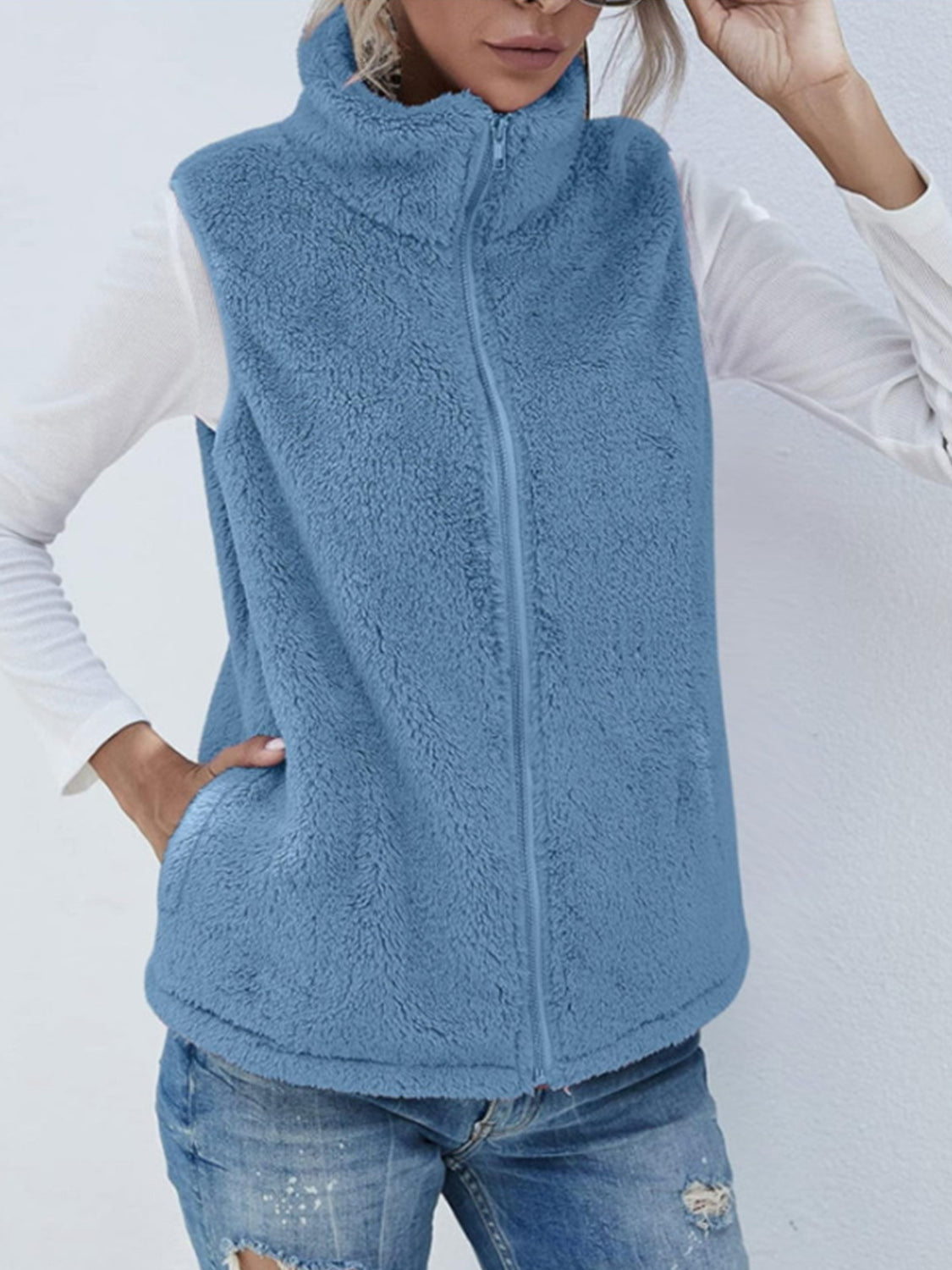 Full Size Fuzzy Zip Up Vest Coat with Pockets-TOPS / DRESSES-[Adult]-[Female]-Blue-S-2022 Online Blue Zone Planet