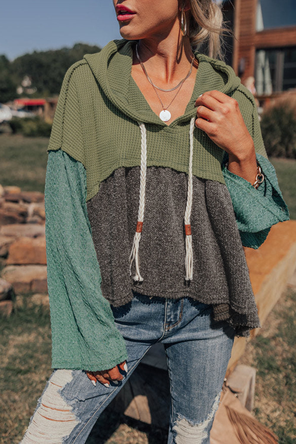 Laurel Green Mixed Textured Colorblock Patchwork Wide Sleeve Frayed High Low Hooded Top-Tops/Long Sleeve Tops-[Adult]-[Female]-Laurel Green-S-2022 Online Blue Zone Planet