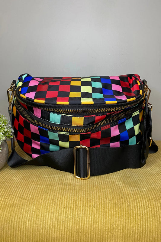 Color black Pretty Checkerboard Canvas Double Zip Crossbody Bag-Shoes & Bags/Crossbody Bags-[Adult]-[Female]-Color black-ONE SIZE-2022 Online Blue Zone Planet