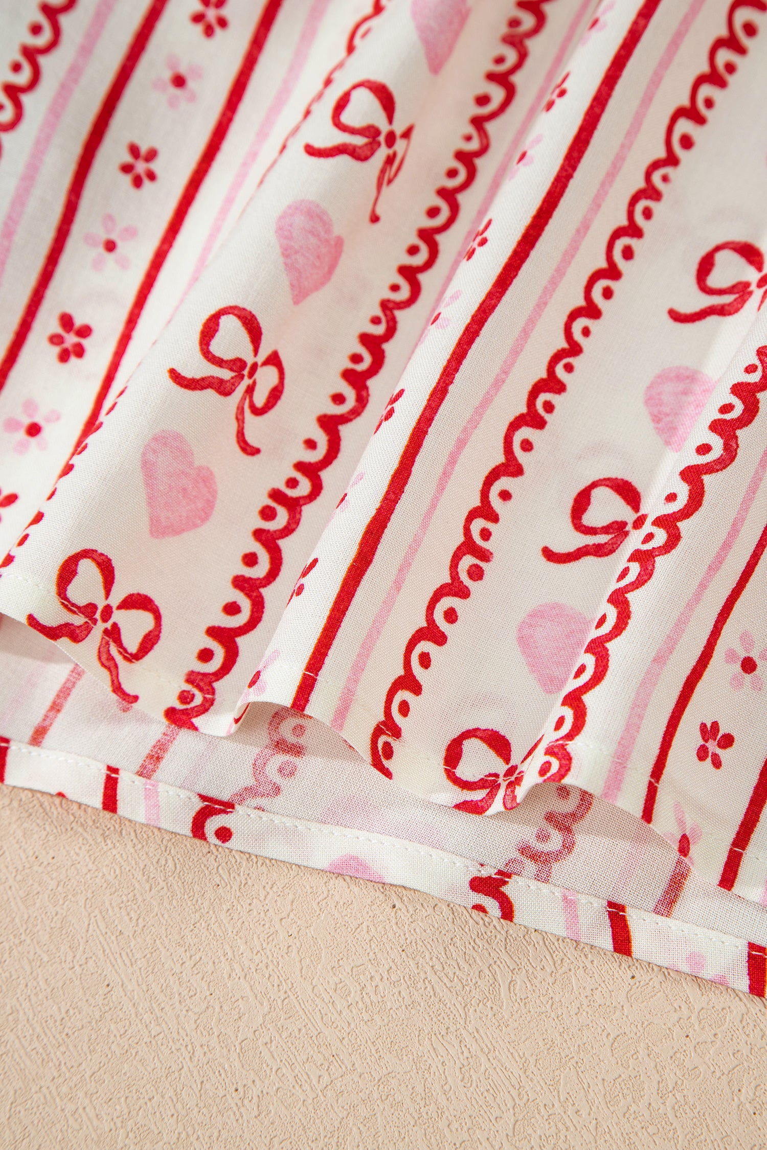 Red Sweet Floral Heart Bow Print Contrast Trim Long Sleeve Shirt Pajama Short Set-Loungewear & Sleepwear/Sleepwear-[Adult]-[Female]-2022 Online Blue Zone Planet