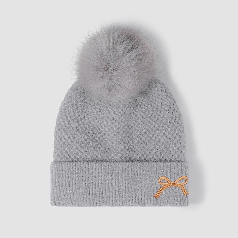 Thermal Bow Knit Hat with Pompom-HATS-[Adult]-[Female]-Gray-One Size-2022 Online Blue Zone Planet