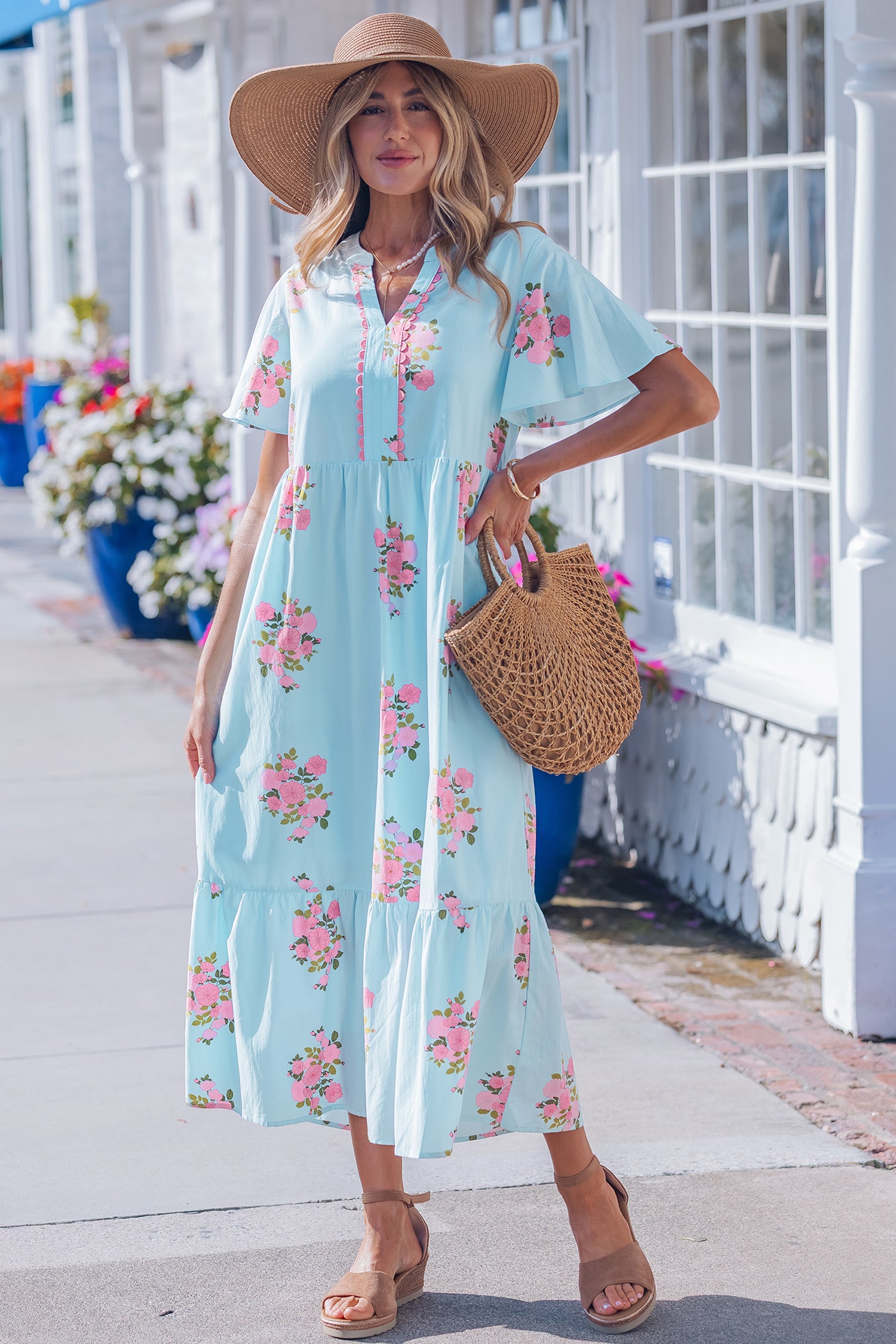 Sky Blue Notched Neck Flutter Short Sleeve Floral Print Maxi Dress-TOPS / DRESSES-[Adult]-[Female]-2022 Online Blue Zone Planet