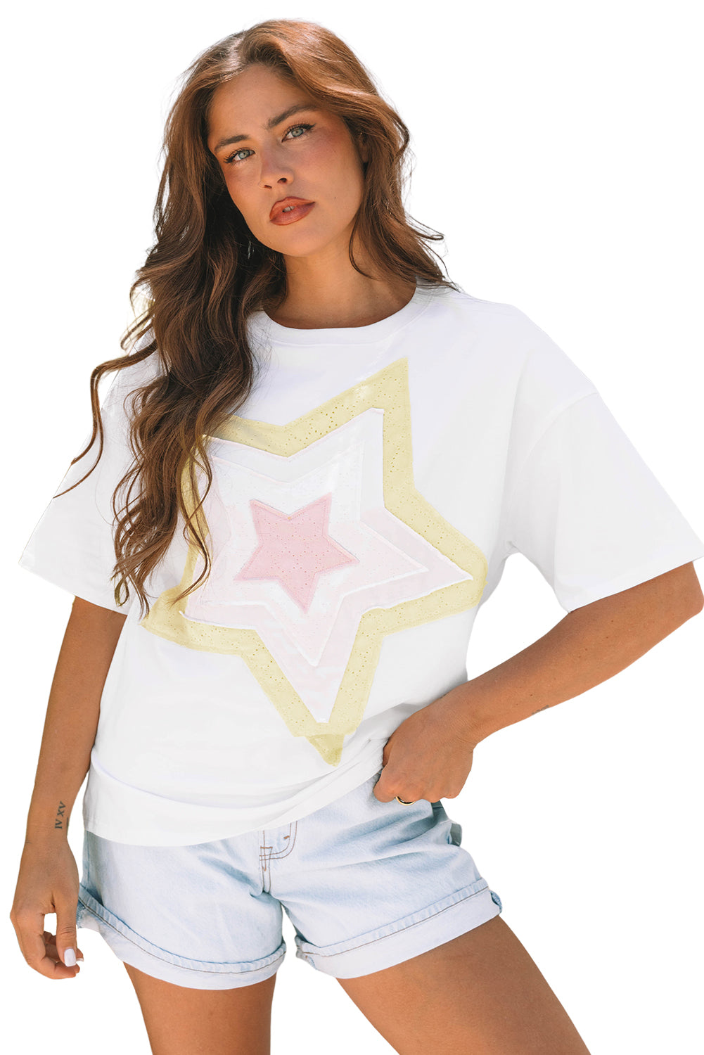 White Star Layered Patched Graphic Drop Shoulder Half Sleeve Loose Tee-Tops/Tops & Tees-[Adult]-[Female]-2022 Online Blue Zone Planet