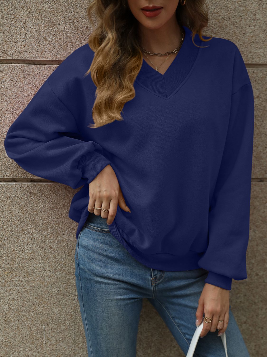 V-Neck Long Sleeve Dropped Shoulder Sweatshirt-TOPS / DRESSES-[Adult]-[Female]-Dark Blue-S-2022 Online Blue Zone Planet