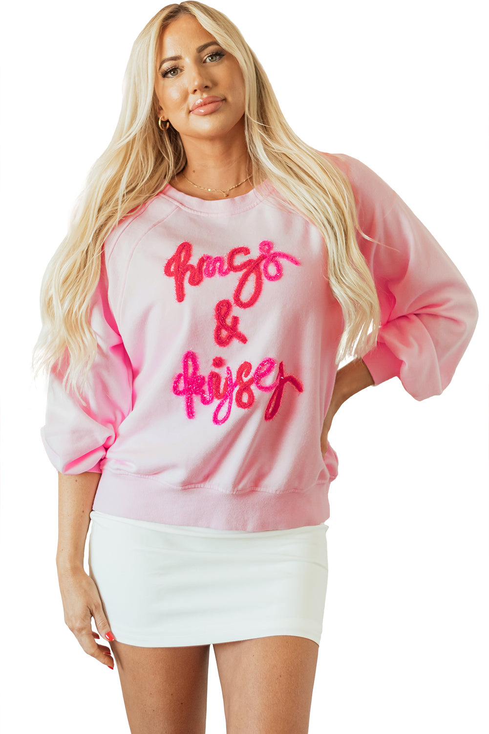 Blue Zone Planet | Pink Hugs and Kisses Pop Up Embroidered Raglan Sleeve Sweatshirt-TOPS / DRESSES-[Adult]-[Female]-2022 Online Blue Zone Planet