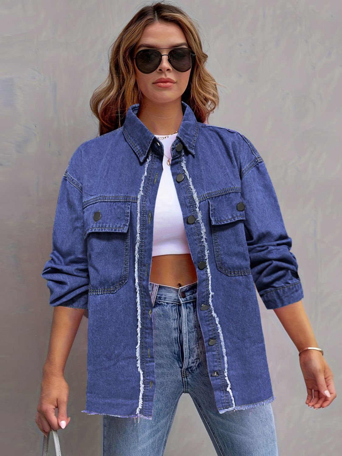 Pocketed Collared Neck Long Sleeve Denim Shirt-TOPS / DRESSES-[Adult]-[Female]-Medium-S-2022 Online Blue Zone Planet