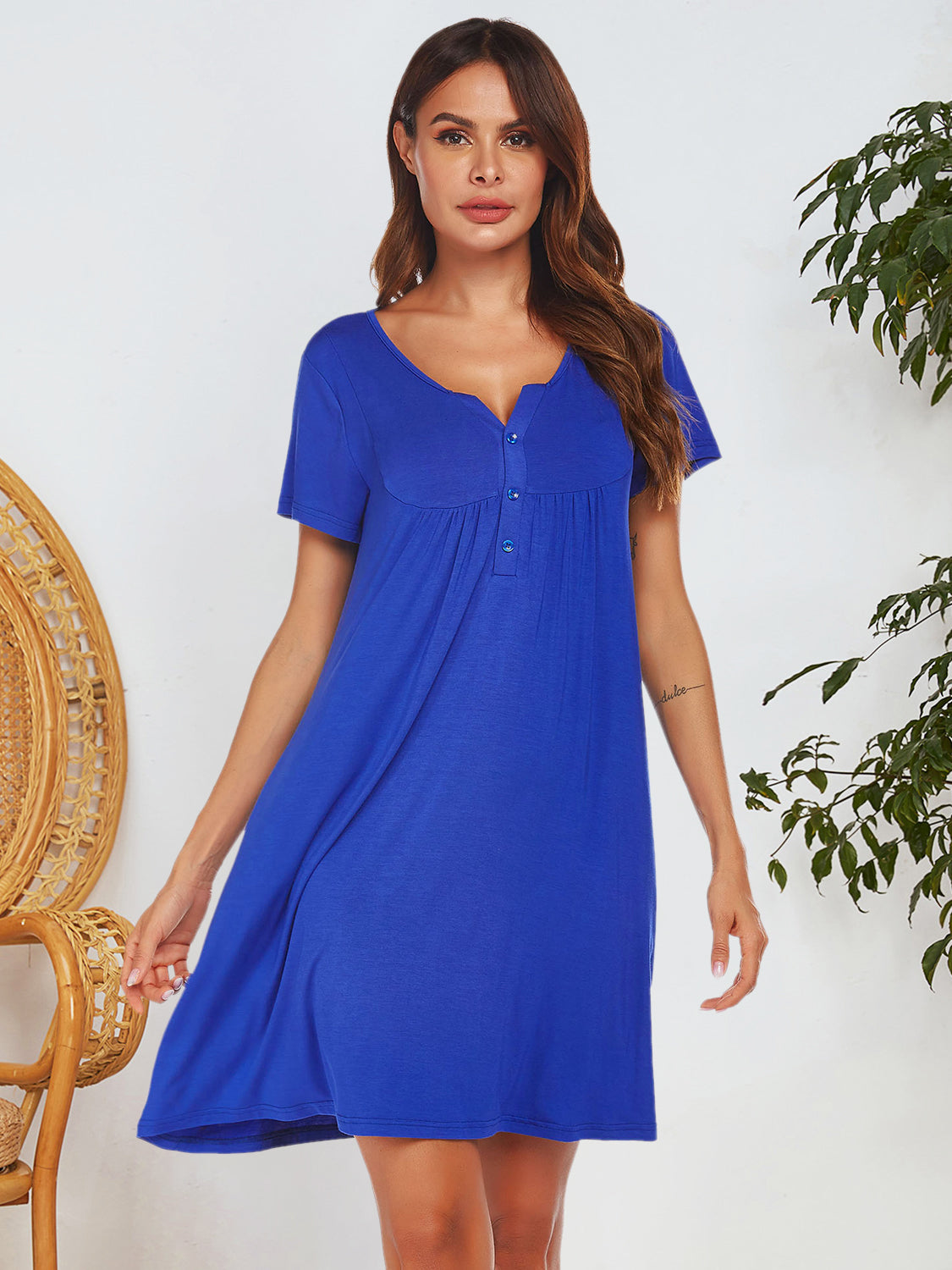 Notched Short Sleeve Mini Lounge Dress-TOPS / DRESSES-[Adult]-[Female]-Royal Blue-S-2022 Online Blue Zone Planet