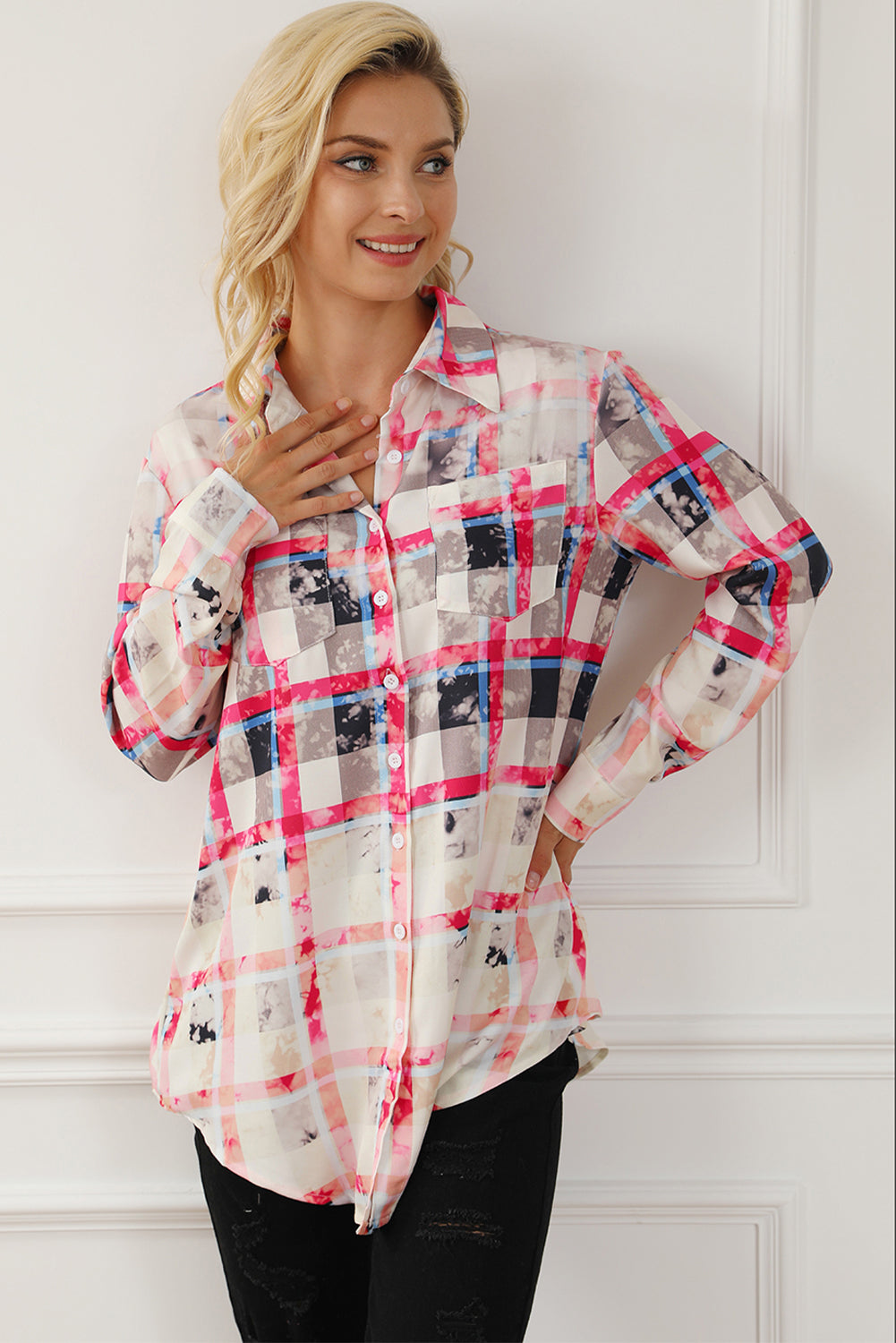 Plaid Button Up Long Sleeve Shirt-TOPS / DRESSES-[Adult]-[Female]-2022 Online Blue Zone Planet