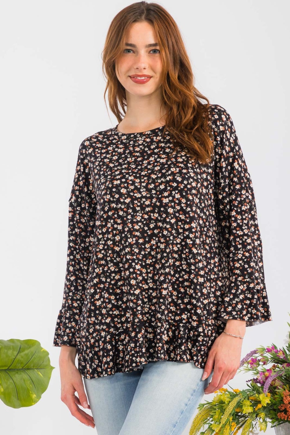 Celeste Full Size Floral Ruffle Detail Top-TOPS / DRESSES-[Adult]-[Female]-Black-S-2022 Online Blue Zone Planet