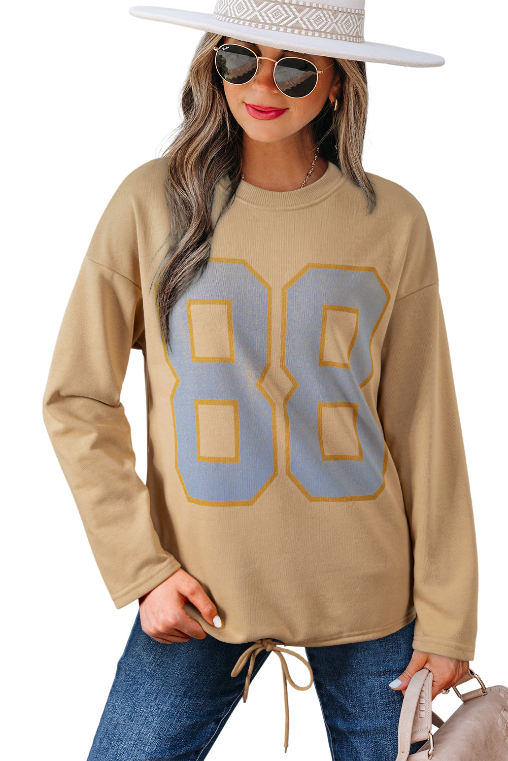 Khaki 88 Number Graphic Drawstring Hemline Oversize Long Sleeve Top-Tops/Long Sleeve Tops-[Adult]-[Female]-2022 Online Blue Zone Planet