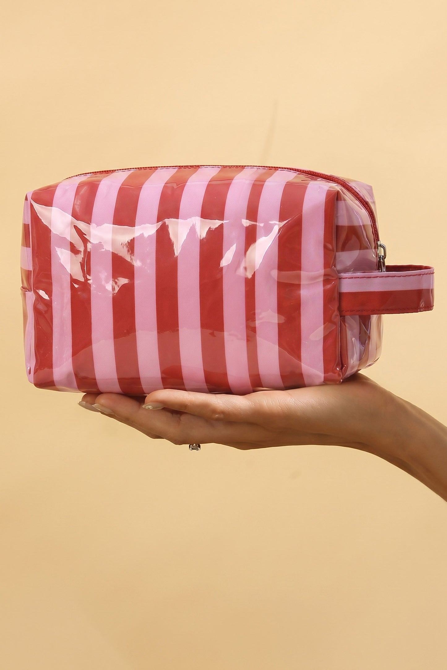Light Pink PVC Striped Cosmetic Bag Durable Zipper Handle Travel Organizer