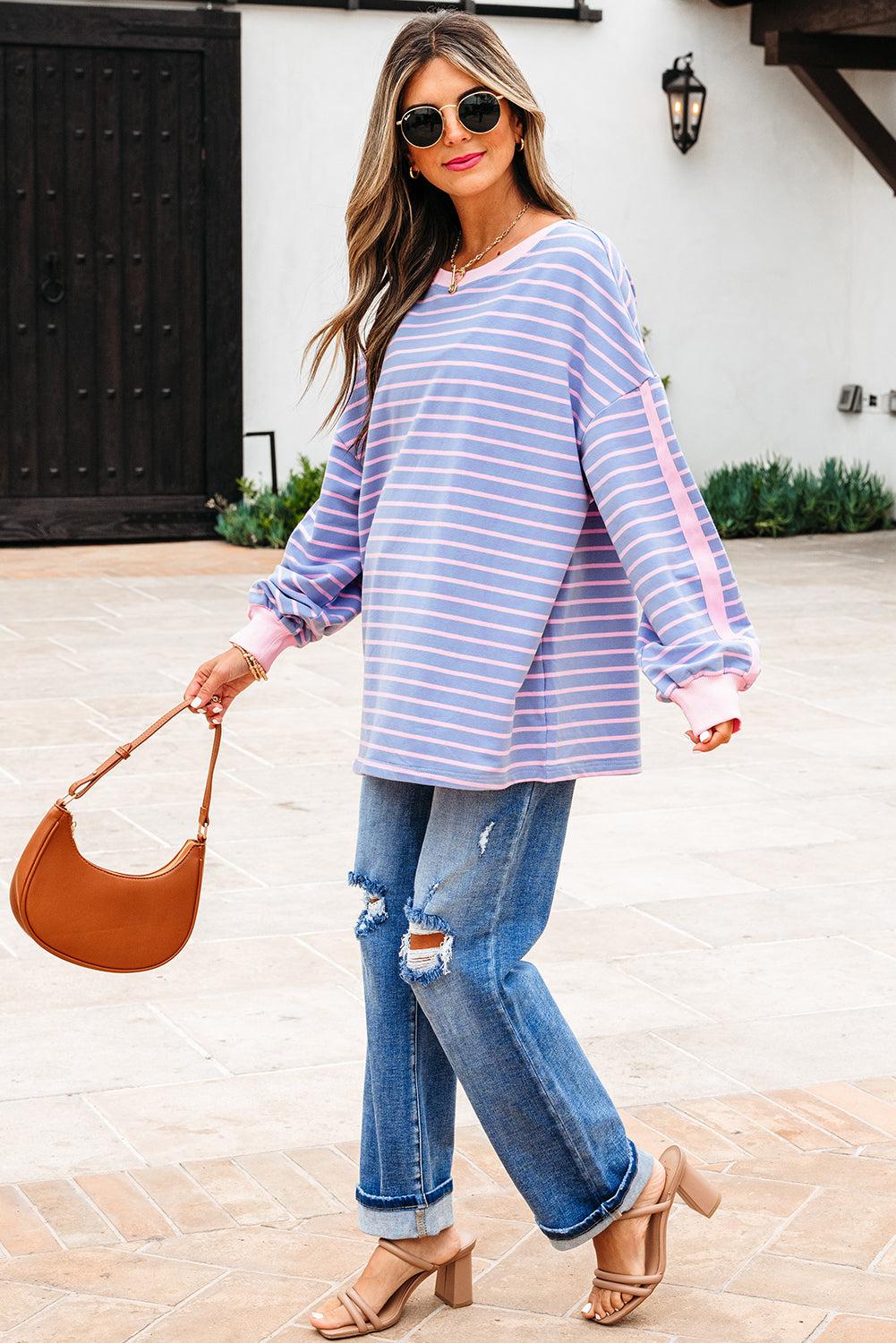 Sky Blue Stripe Oversize Contrast Trim Drop Shoulder Casual Top-Tops/Long Sleeve Tops-[Adult]-[Female]-2022 Online Blue Zone Planet