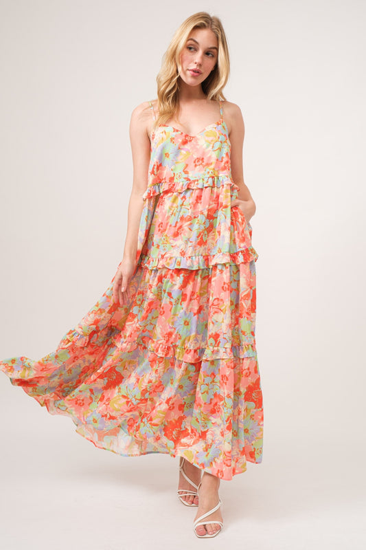 And The Why Floral Ruffled Tiered Maxi Adjustable Strap Cami Dress-[Adult]-[Female]-Floral-S-2022 Online Blue Zone Planet