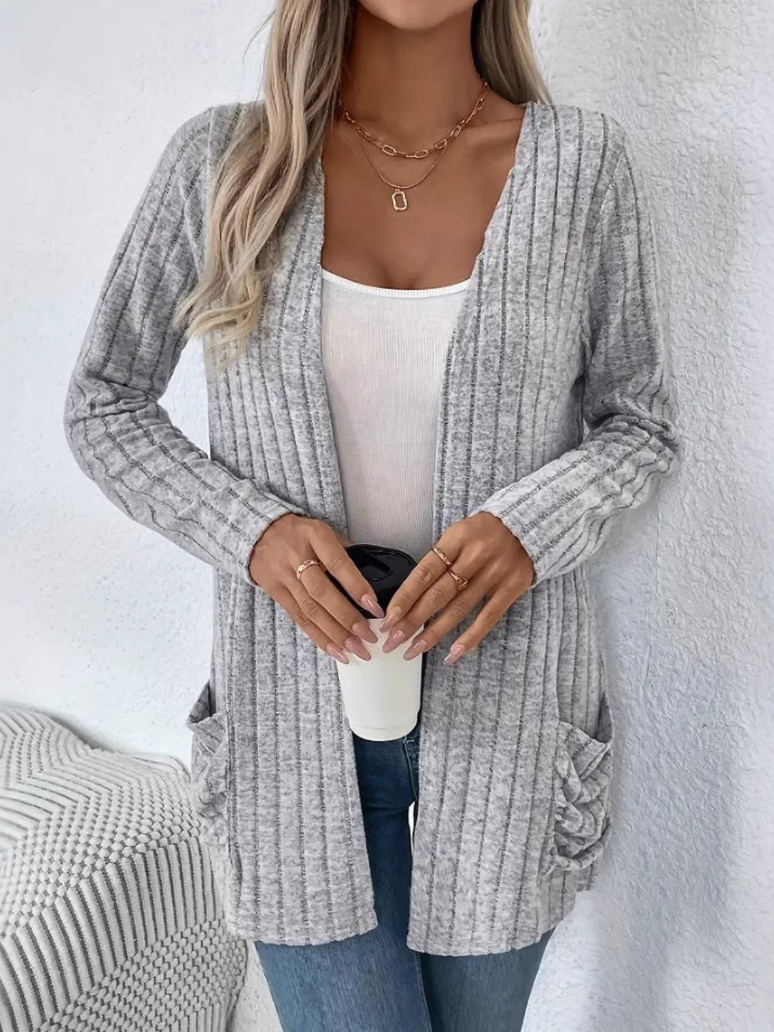 Ribbed Open Front Long Sleeve Cardigan with Pockets-TOPS / DRESSES-[Adult]-[Female]-Light Gray-S-2022 Online Blue Zone Planet