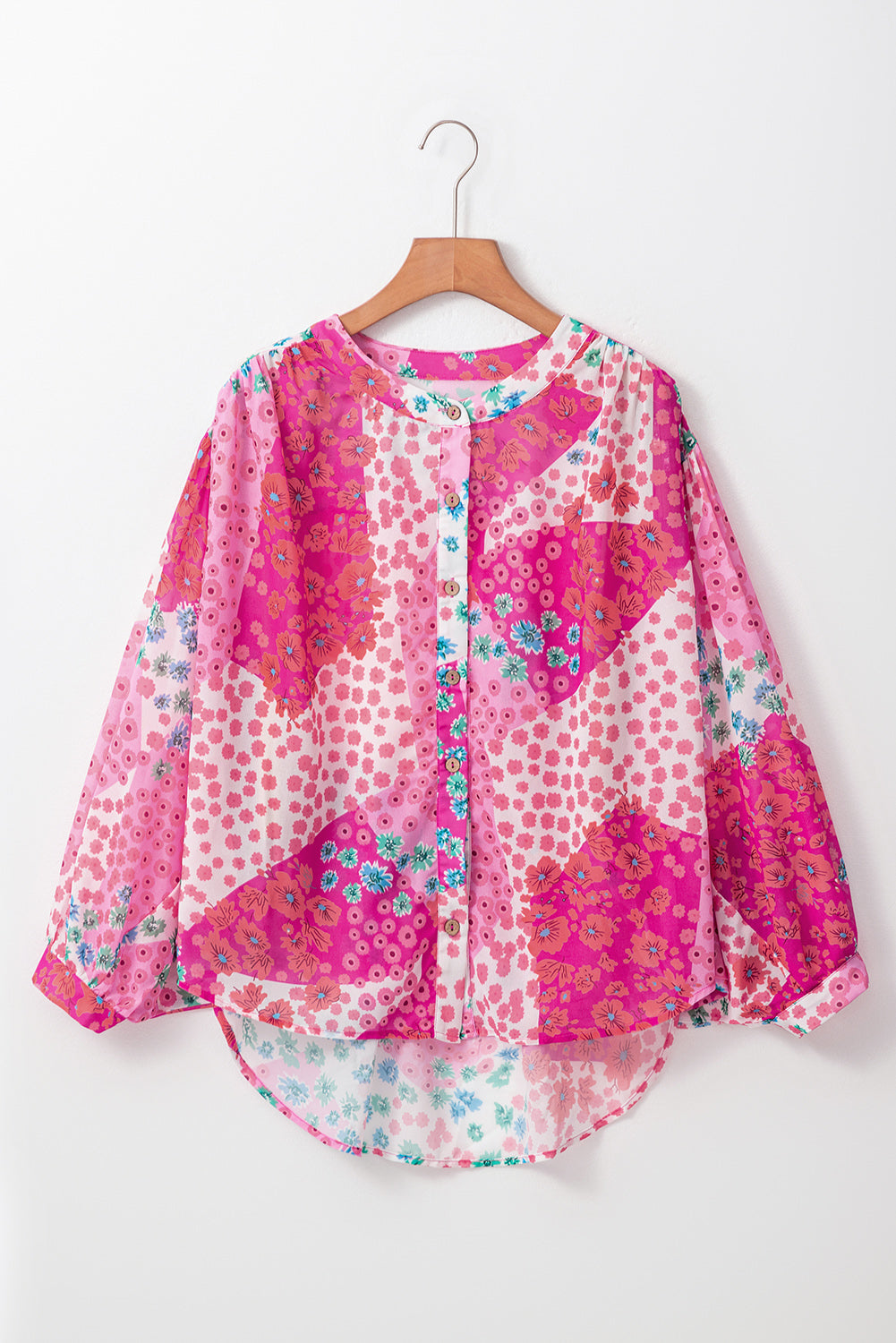 Blue Zone Planet | Rose Red Floral Allover Print Buttoned V Neck Oversized Shirt-TOPS / DRESSES-[Adult]-[Female]-2022 Online Blue Zone Planet