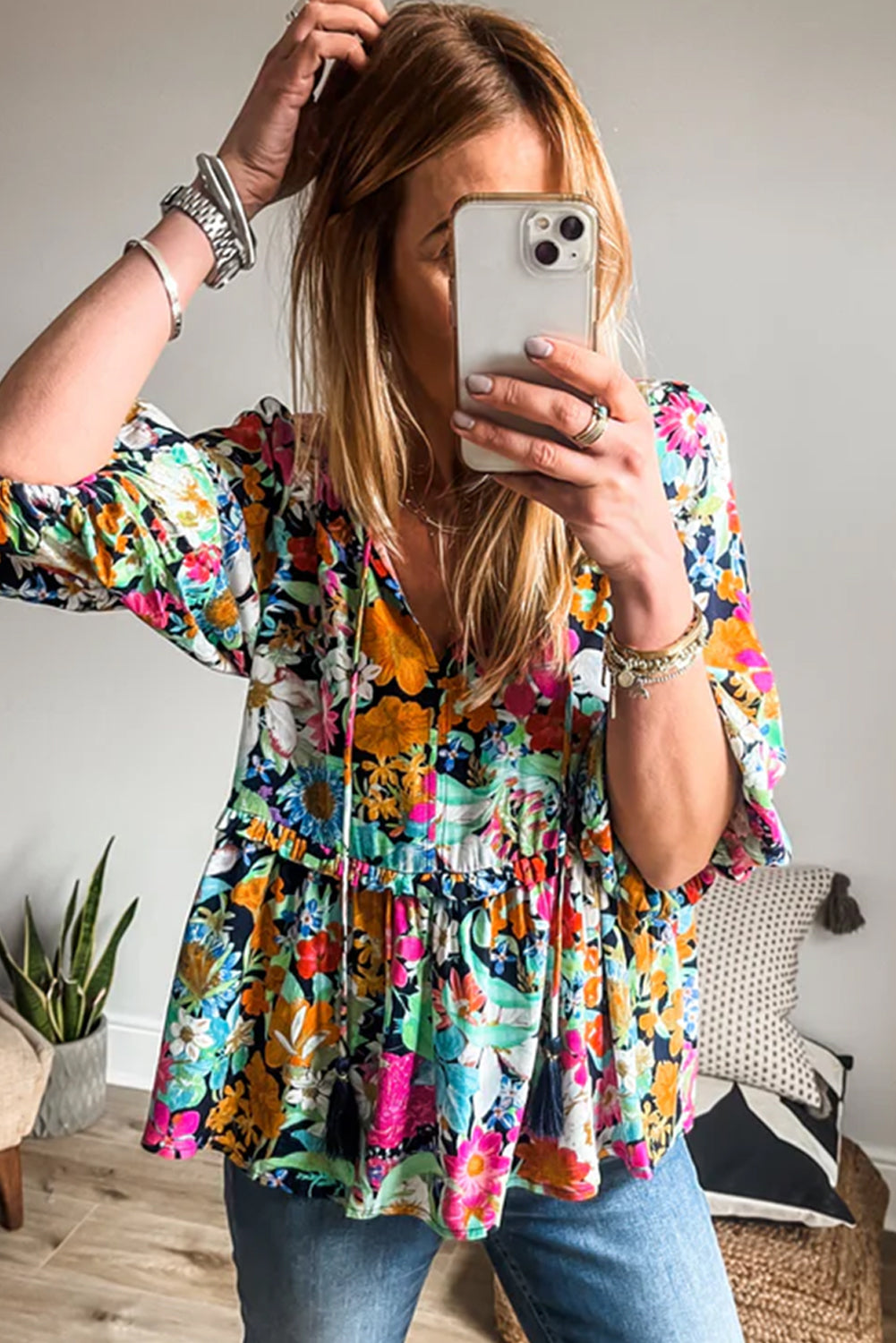 Floral Tie Neck Balloon Sleeve Blouse-TOPS / DRESSES-[Adult]-[Female]-2022 Online Blue Zone Planet