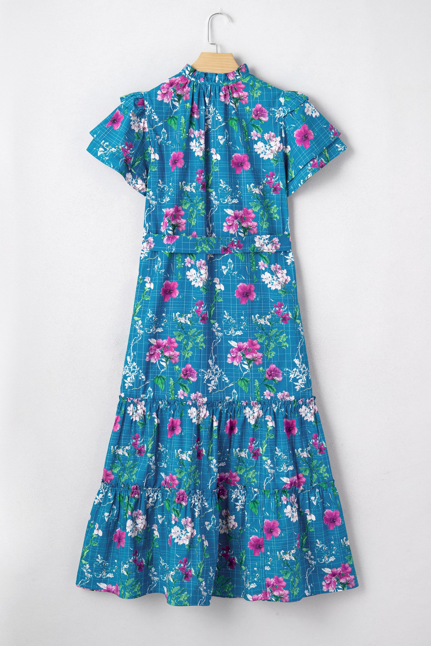 Blue Floral Flutter Sleeve Button Tie Split Neck Belted Long Dress-TOPS / DRESSES-[Adult]-[Female]-2022 Online Blue Zone Planet