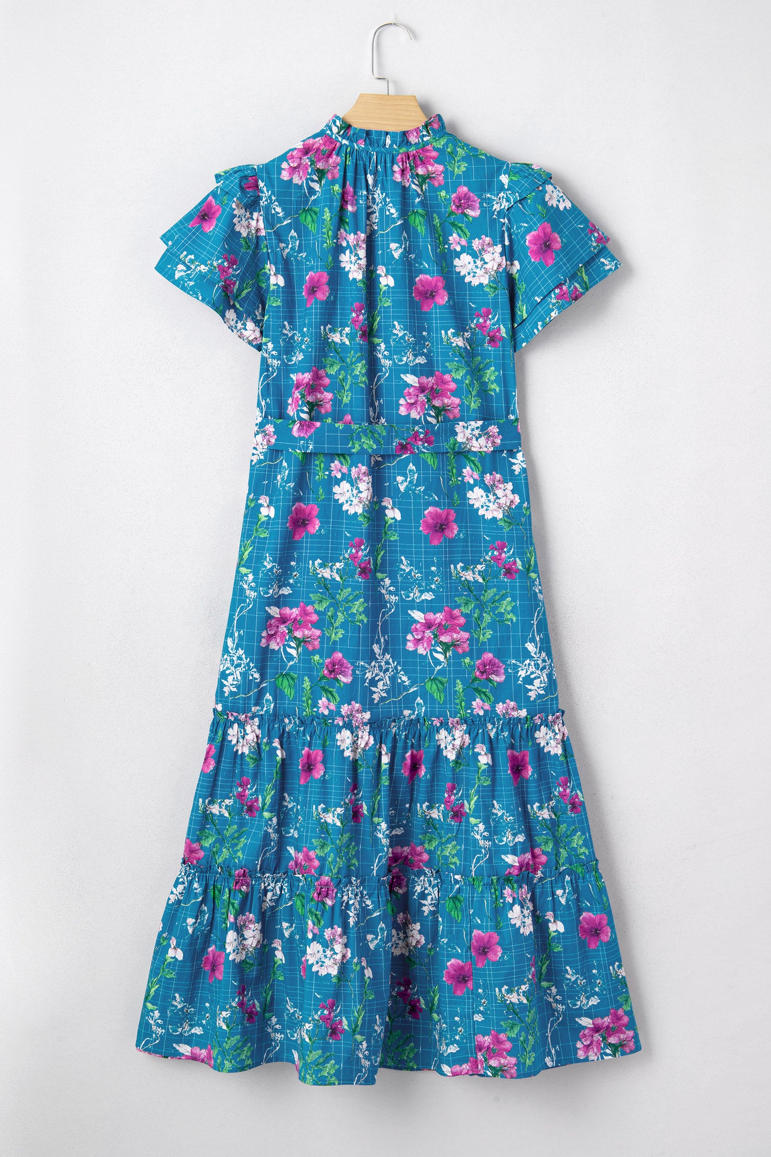 Blue Floral Flutter Sleeve Button Tie Split Neck Belted Long Dress-TOPS / DRESSES-[Adult]-[Female]-2022 Online Blue Zone Planet