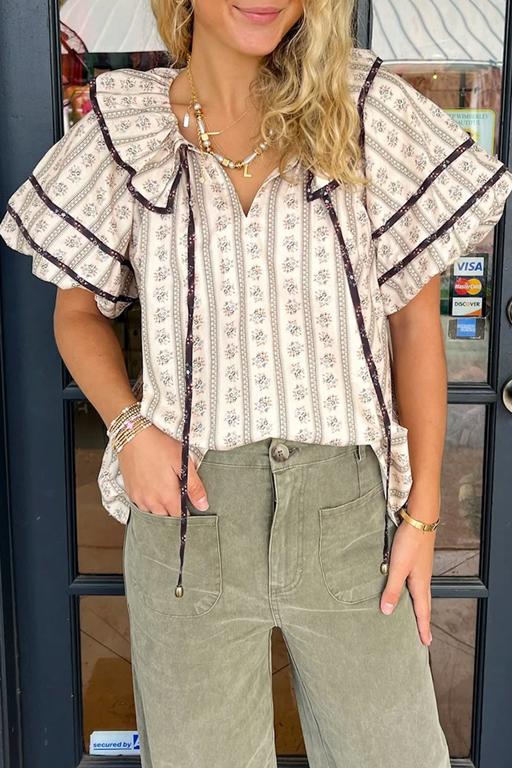 White Floral Ruffled Collar Short Puff Sleeve Printed Blouse-Tops/Blouses & Shirts-[Adult]-[Female]-2022 Online Blue Zone Planet