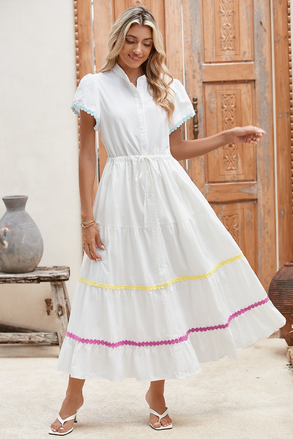 White High Waist Short Sleeve Tiered Shirt Dress-20% OFF-[Adult]-[Female]-2022 Online Blue Zone Planet
