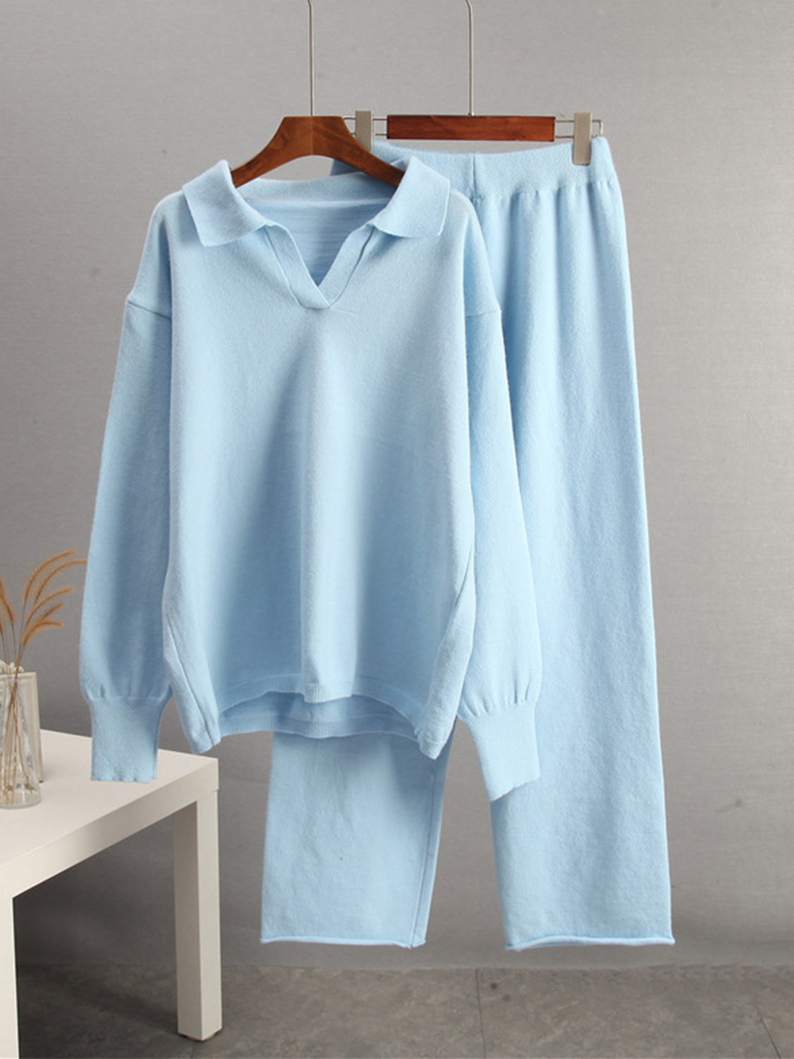 Johnny Collar Long Sleeve Top and Pants Sweater Set-TOPS / DRESSES-[Adult]-[Female]-2022 Online Blue Zone Planet