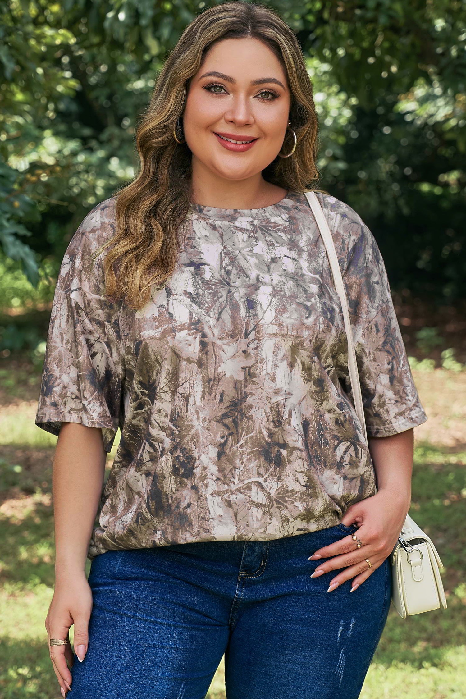Khaki Plus Size Woodland Camouflage Print T Shirt-Plus Size/Plus Size Tops/Plus Size Tops & Tees-[Adult]-[Female]-2022 Online Blue Zone Planet