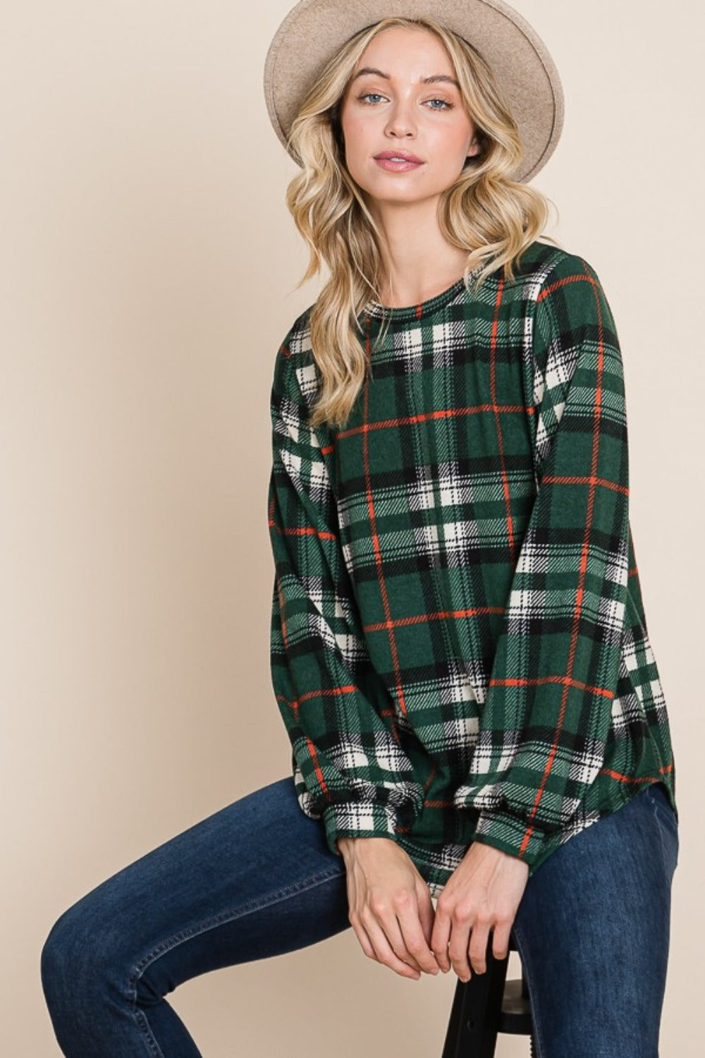 Blue Zone Planet | BOMBOM Curved Hem Plaid Round Neck Long Sleeve Top-TOPS / DRESSES-[Adult]-[Female]-2022 Online Blue Zone Planet