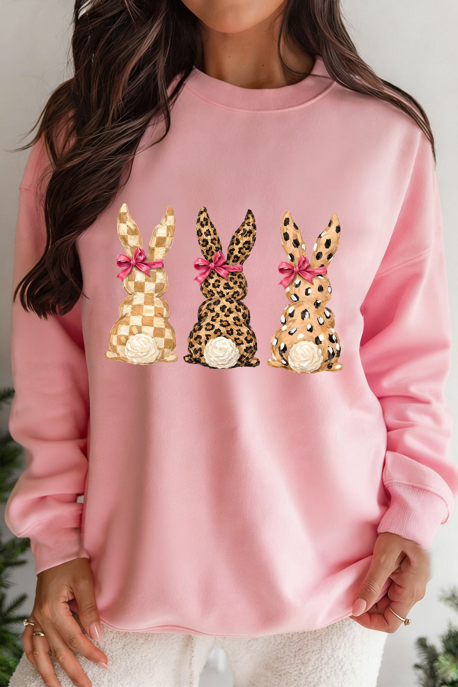 Pink Checkered Leopard Easter Bunny Dropped Shoulder Sweatshirt-Graphic Sweatshirts-[Adult]-[Female]-Pink-2XL-2022 Online Blue Zone Planet