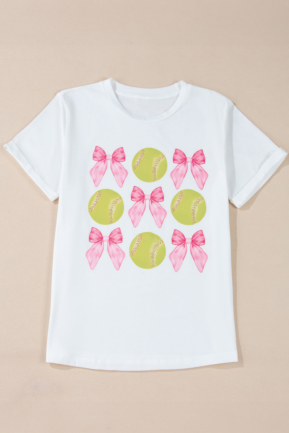 White Bow Tie Baseball Print Round Neck Casual Tee-Graphic/Graphic Tees-[Adult]-[Female]-2022 Online Blue Zone Planet
