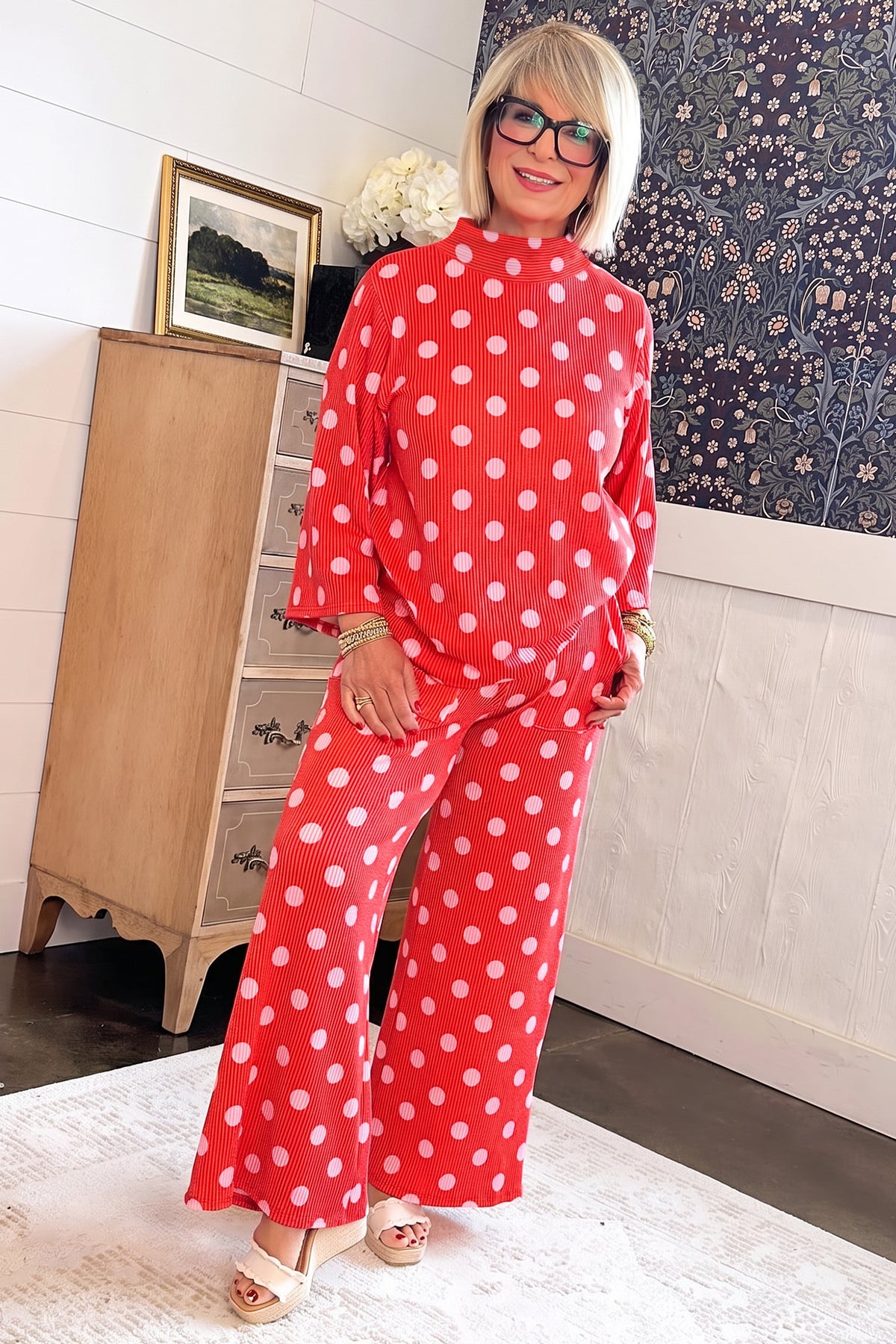 Red Polka Dot Ribbed Knit Mock Neck Pullover Two Piece Pants Set