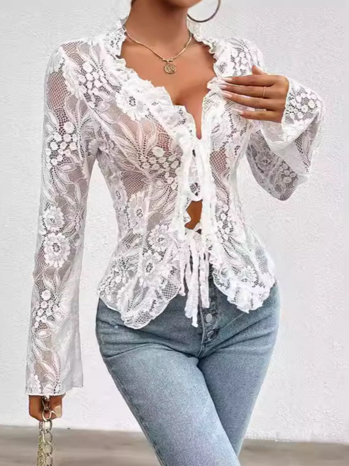 Tied V-Neck Long Sleeve Lace Top-TOPS / DRESSES-[Adult]-[Female]-White-S-2022 Online Blue Zone Planet