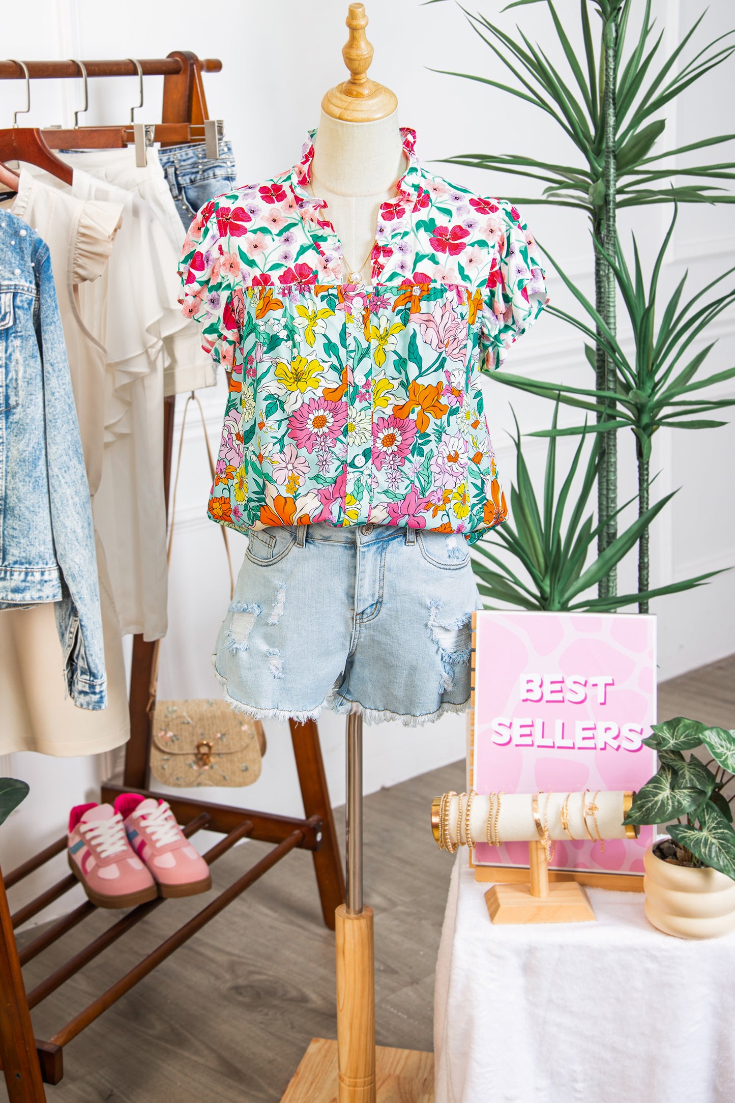 Sky Blue Floral Print Split Neck Button Front Flutter Sleeve Blouse-Tops/Blouses & Shirts-[Adult]-[Female]-2022 Online Blue Zone Planet
