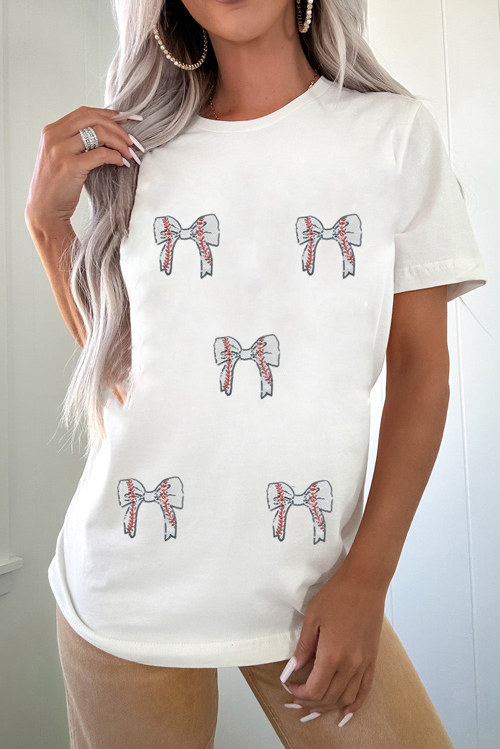 White Glitter Baseball Bow Patched Cotton Blend T Shirt-Graphic/Graphic Tees-[Adult]-[Female]-2022 Online Blue Zone Planet