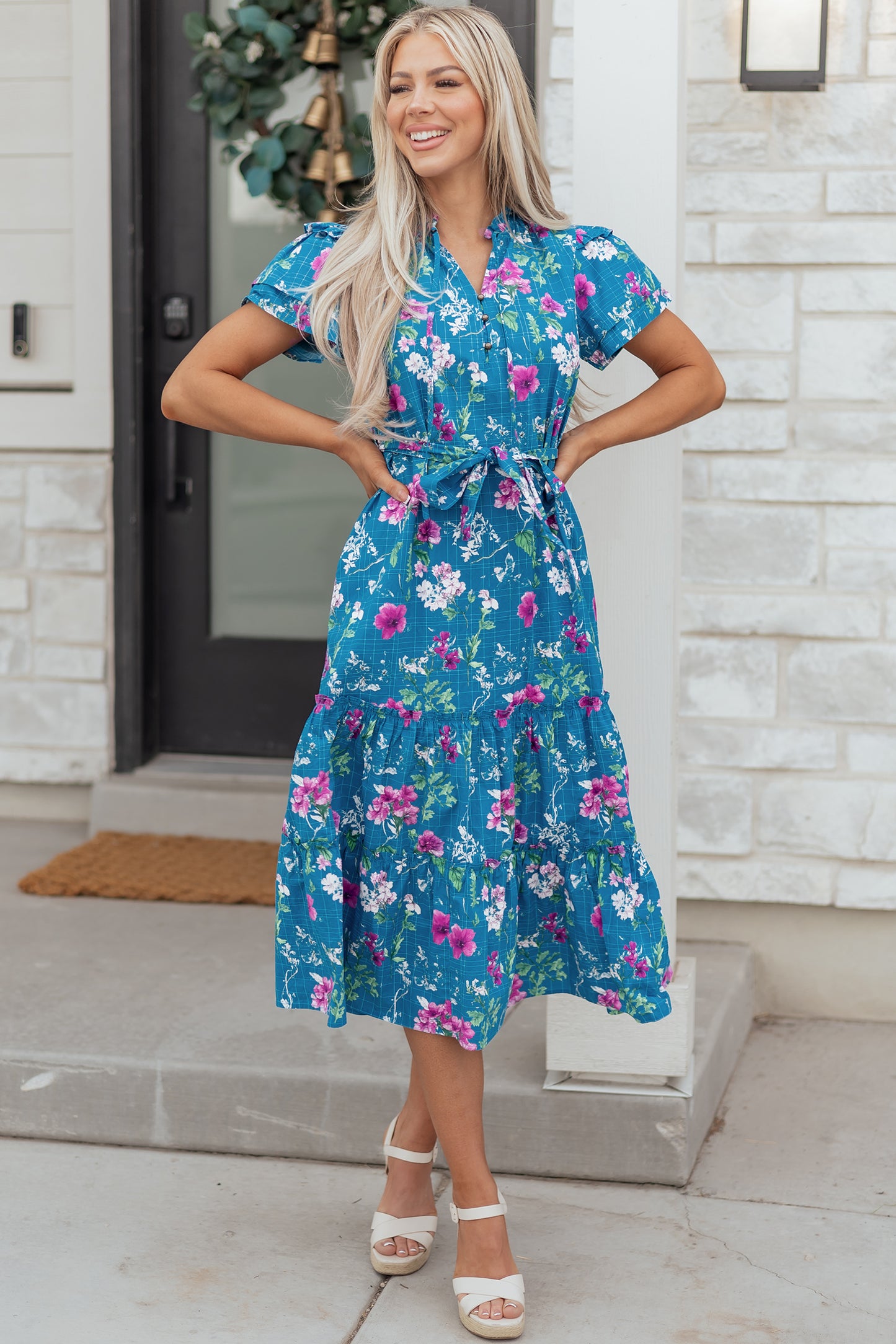 Blue Floral Flutter Sleeve Button Tie Split Neck Belted Long Dress-TOPS / DRESSES-[Adult]-[Female]-2022 Online Blue Zone Planet