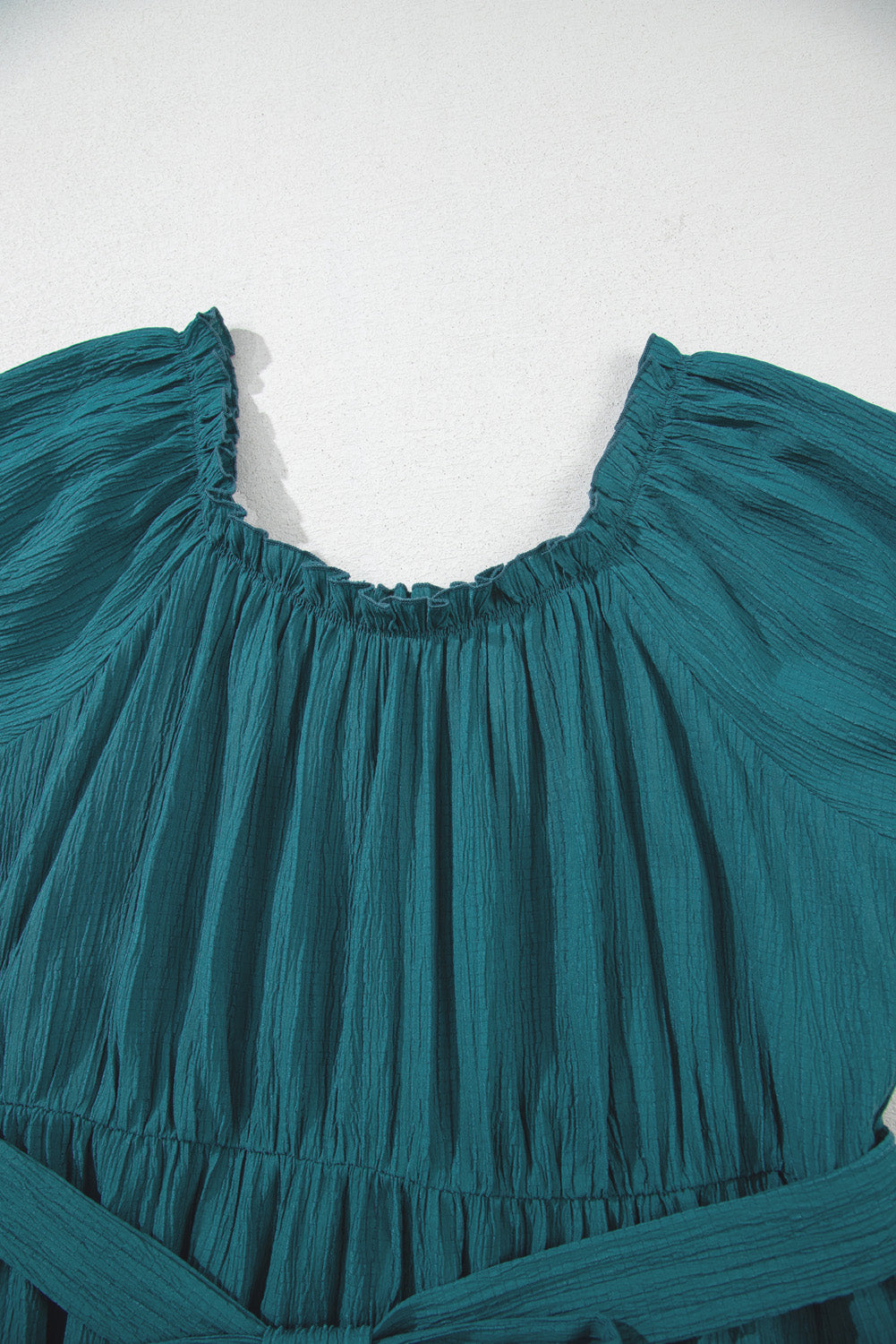 Skobeloff Frilled U Neck Puff Sleeve Belted Ruffle Hem Plus Size Midi Dress-TOPS / DRESSES-[Adult]-[Female]-2022 Online Blue Zone Planet