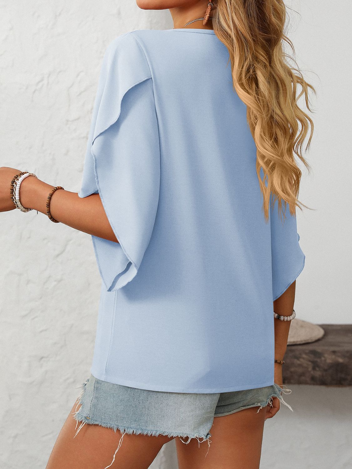 Mandy Ruffled Asymmetrical Neck Half Sleeve Blouse-TOPS / DRESSES-[Adult]-[Female]-2022 Online Blue Zone Planet