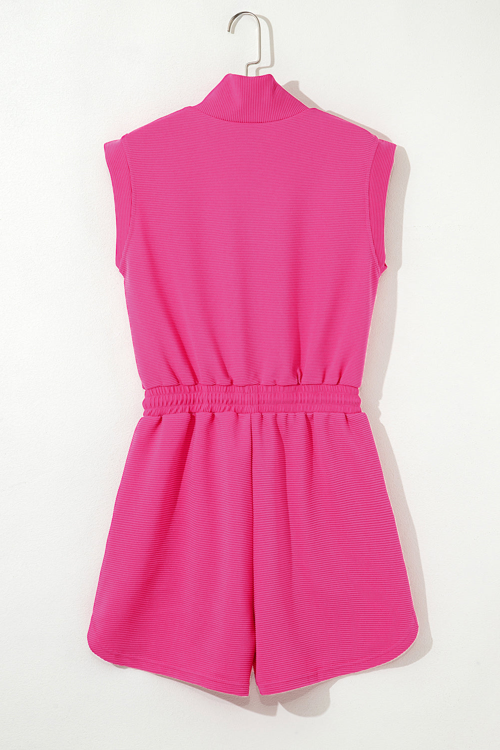 Rose Red Textured Short Sleeve Half Zip Drawstring Waist Romper-Bottoms/Jumpsuits & Rompers-[Adult]-[Female]-2022 Online Blue Zone Planet