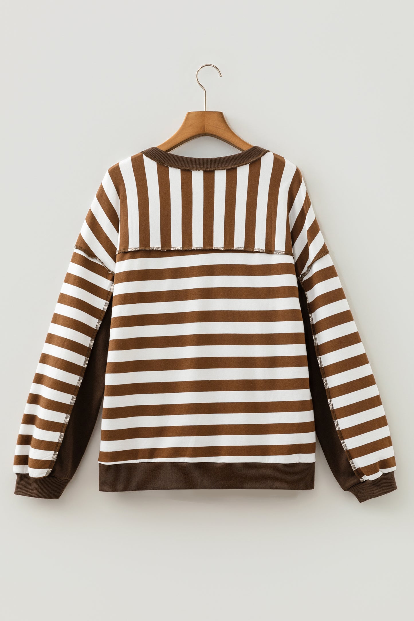 Brown Stripe Exposed Seam Color Block Patchwork Button Placket Sweatshirt-Tops/Sweatshirts & Hoodies-[Adult]-[Female]-2022 Online Blue Zone Planet