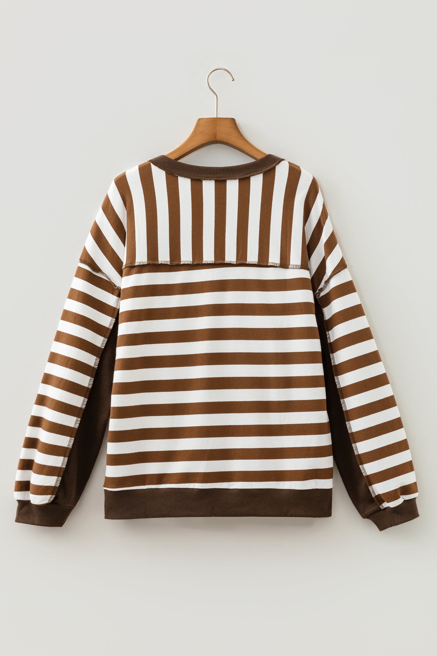 Brown Stripe Exposed Seam Color Block Patchwork Button Placket Sweatshirt-Tops/Sweatshirts & Hoodies-[Adult]-[Female]-2022 Online Blue Zone Planet